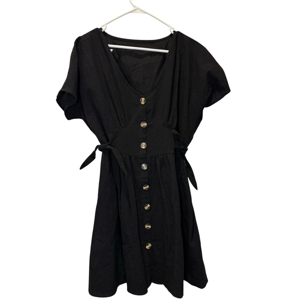 Womens Black Button Front Dress V Neck Tie Waist Short Sleeve Mini Large Classic